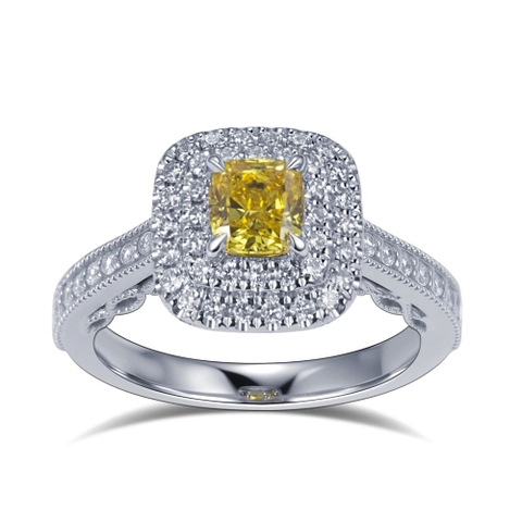 Nhẫn kim cương nhân tạo cắt Radiant 0.6CT VS2 bạch kim kiểu Halo