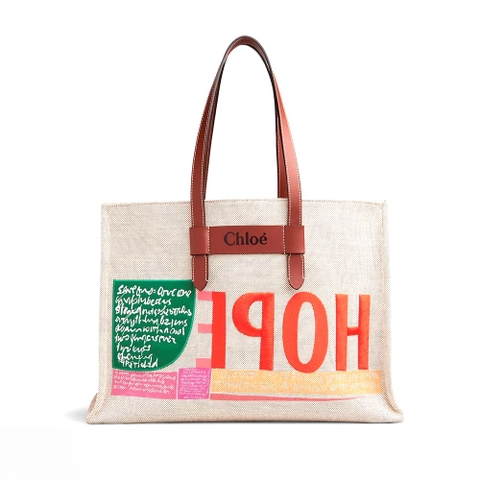 TÚI Chloe Corita Kent Large Tote in Embroidered Artwork and Shiny Calfskin