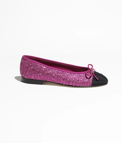 GIÀY CHANEL BALLERINA LOGO Tweed & Grosgrain Hồng, Hồng đậm & Đen