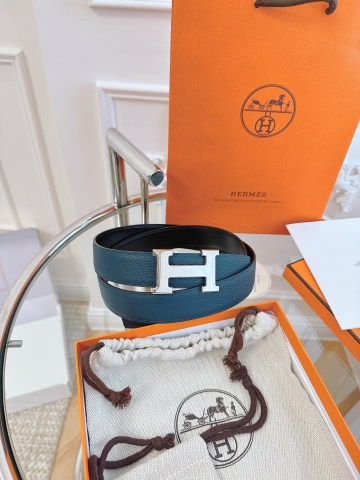 DÂY LƯNG HERMES H BLUE Togo leather hai mặt khóa bạc