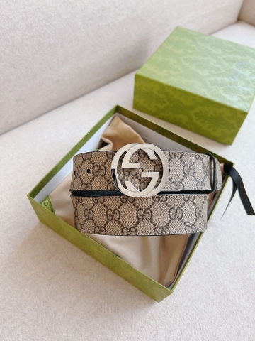 DÂY LƯNG GUCCI GG BROWN CANVAS LEATHER Khóa bạc