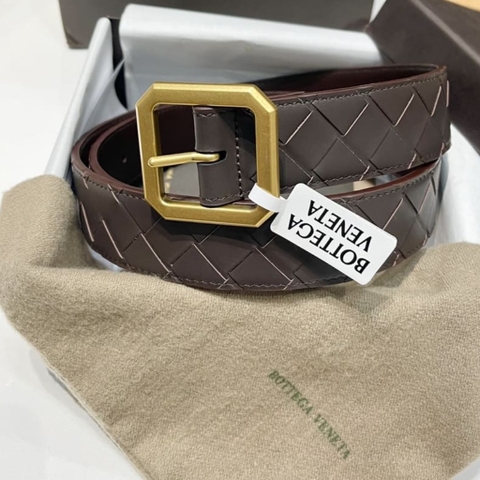 DÂY LƯNG BOTTGA VENETA BROWN INTRECCIATO LEATHER Khóa vàng