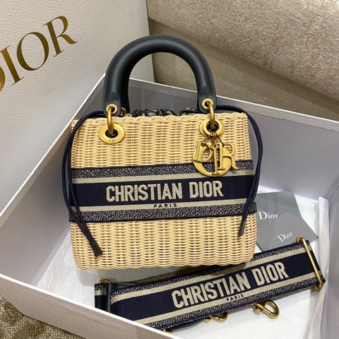 TÚI Dior Women Medium Lady Dior Bag Natural Wicker and Black Dior Oblique Jacquard
