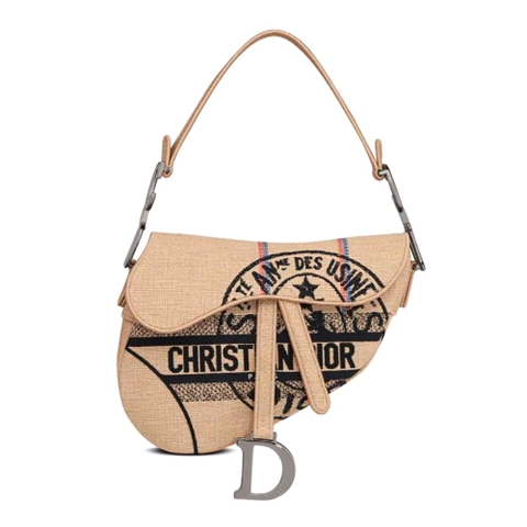 TÚI Dior Women Saddle Bag Beige Jute Canvas Embroidered with Dior Union Motif