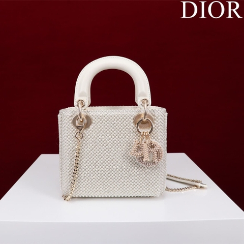 TÚI CHRISTIAN DIOR LADY DIOR Cannage Calfskin with Platinum Beaded Pearl Embroidery White