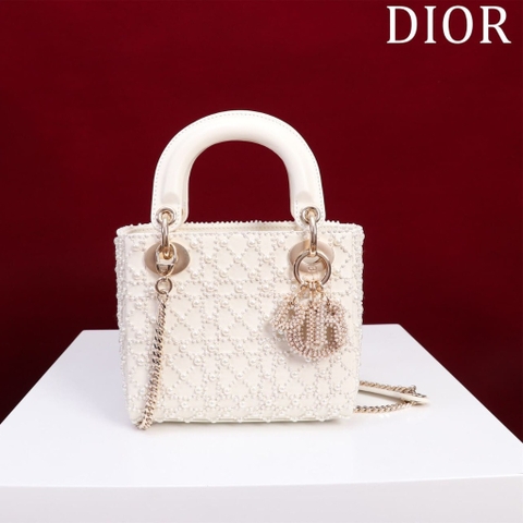 TÚI CHRISTIAN DIOR LADY DIOR Cannage Calfskin with Platinum Beaded Pearl Embroidery White