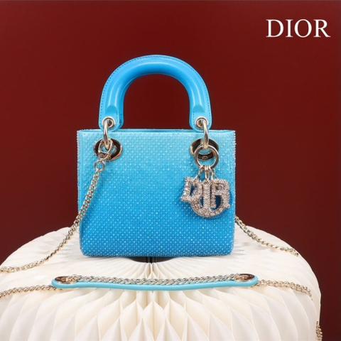 TÚI CHRISTIAN DIOR LADY DIOR Cannage Calfskin with Platinum Beaded Embroidery Blue