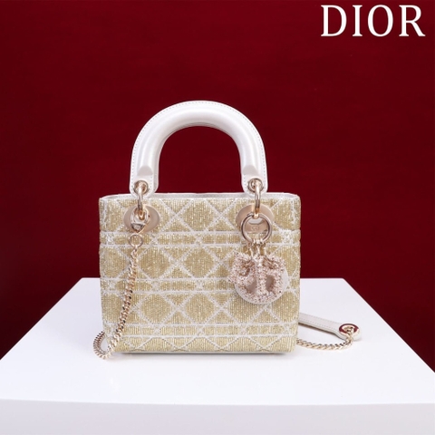 TÚI CHRISTIAN DIOR LADY DIOR Cannage Calfskin with Platinum Beaded Embroidery Metallic