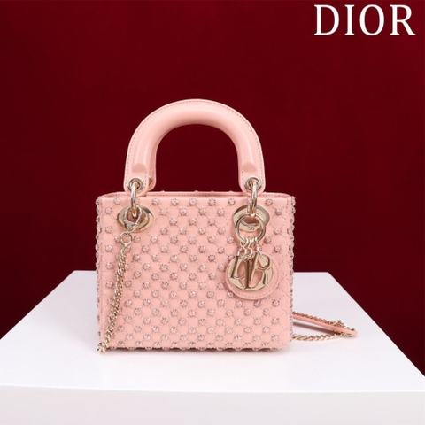 TÚI CHRISTIAN DIOR LADY DIOR Cannage Calfskin with Platinum Beaded Embroidery Pink