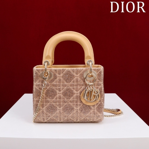 TÚI CHRISTIAN DIOR LADY DIOR Cannage Calfskin with Platinum Beaded Embroidery Brown
