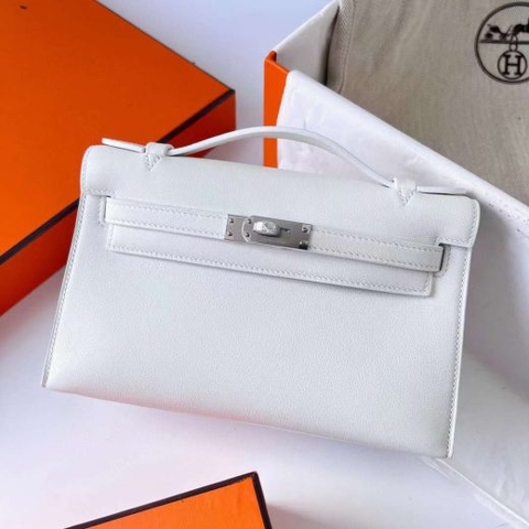 Túi Hermes Mini Kelly Pochette Swift Pure White Silver Hardware Handmade khâu tay 22cm
