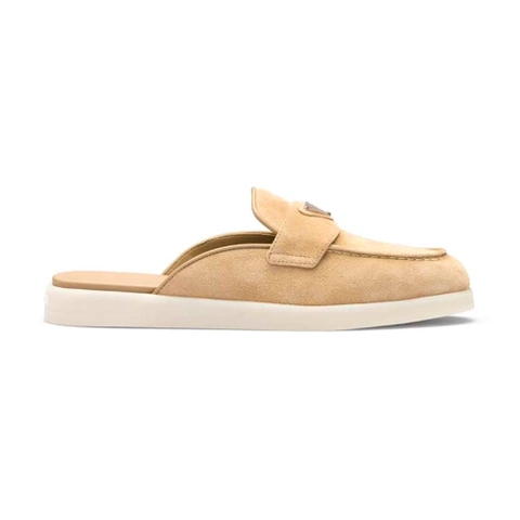 GIÀY Prada Unisex Suede Leather Sabots with Enameled Metal Triangle Logo-Brown