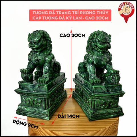 Tượng đá trang trí phong thủy Cặp 2 tượng Kỳ Lân trang trí phong thủy - Chiều Cao 20cm - Màu xanh lục bích