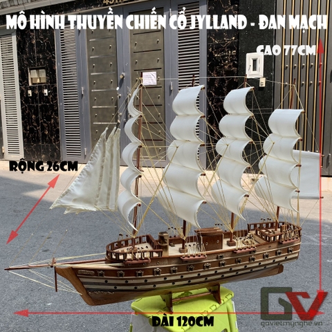 [Dài 120cm] Mô hình thuyền gỗ thuyền trang trí tàu chở hàng Jylland - Thân tàu 100cm - Buồm màu Trắng Vàng - Gỗ Tràm