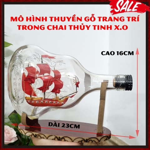 [Chai Original X.O] Mô hình tàu thuyền gỗ trong chai thủy tinh trang trí nhà cửa - Buồm màu đỏ - Dài 23cm