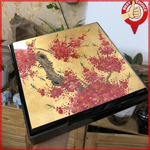 Hộp mứt Tết sơn mài vẽ hoa đào - khay đựng mứt sơn mài - Hình vuông 30x30cm - Thủ công mỹ nghệ sơn mài Việt Nam