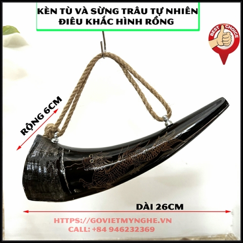 Kèn tù và sừng trâu đen - sừng trâu điêu khắc hình Rồng - Dài 26cm - thủ công mỹ nghệ Việt Nam