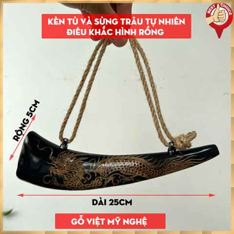 Kèn tù và sừng trâu đen - sừng trâu điêu khắc hình Rồng - Dài 25cm - thủ công mỹ nghệ Việt Nam