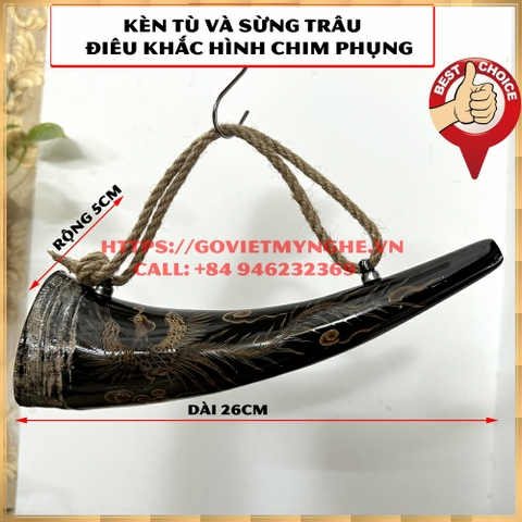Kèn tù và sừng trâu đen - sừng trâu điêu khắc hình chim phụng - Dài 26cm - thủ công mỹ nghệ Việt Nam