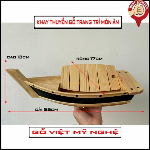 [Dài 55cm - Sơn đen] Khay thuyền gỗ đựng sushi - khay gỗ thuyền đựng sashimi thuyền gỗ sushi - Gỗ thông