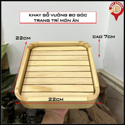 [22cm x 22cm] Khay gỗ trang trí món ăn - Khay gỗ vuông bo góc - Khay trang trí sushi sashimi cho nhà hàng Nhật - Gỗ Thông- Chuẩn xuất khẩu