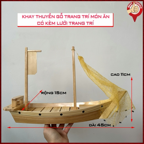 [Dài 45cm - Có lưới] Khay thuyền gỗ đựng sushi - khay gỗ thuyền đựng sashimi thuyền gỗ sushi - Gỗ thông