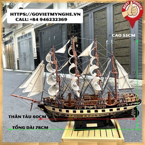 [Chuẩn xuất khẩu] Mô hình thuyền gỗ thuyền trang trí tàu chở hàng France II - Thân tàu dài 60cm - Gỗ Muồng Đen