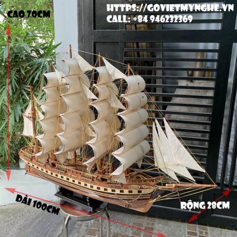 [Dài 100cm] Mô hình thuyền gỗ thuyền trang trí tàu chở hàng France II - Gỗ xoan đào đỏ - Thân tàu dài 80cm - Buồm vải bố - Loại xuất khẩu