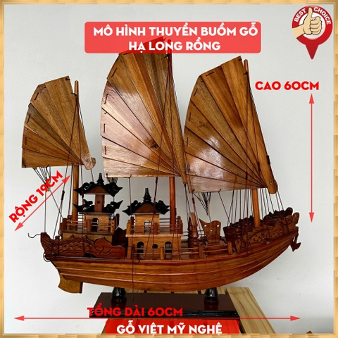 [Dài 60cm] Mô hình tàu Hạ Long gỗ - thuyền gỗ trang trí thuận buồm xuôi gió trang trí phong thủy - Gỗ Tràm