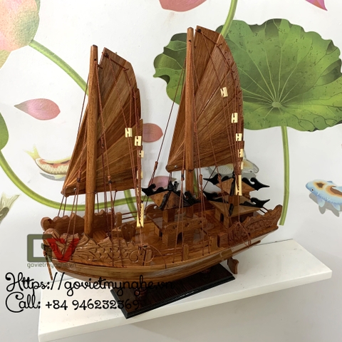 Mô hình tàu thuyền gỗ trang trí tàu Hạ Long Rồng - Dài 40cm - Gỗ Hương - Buồm gỗ