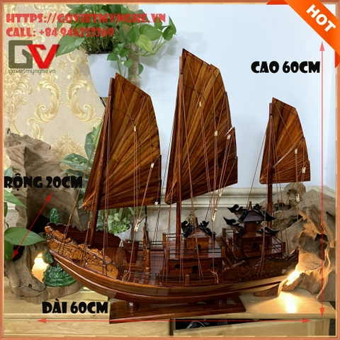 [Dài 60cm] Mô hình tàu Hạ Long gỗ - thuyền gỗ trang trí thuận buồm xuôi gió trang trí phong thủy - Gỗ Tràm Tự Nhiên