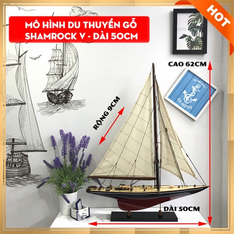 Mô hình thuyền gỗ trang trí du thuyền gỗ Shamrock V - Thân tàu dài 50cm - Sơn màu Đỏ/Đen