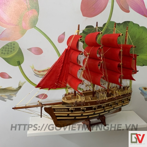[Dài 55cm] Mô hình thuyền gỗ thuyền trang trí tàu chở hàng Jylland - Thân tàu 40cm - Buồm vải đỏ - Gỗ Tràm