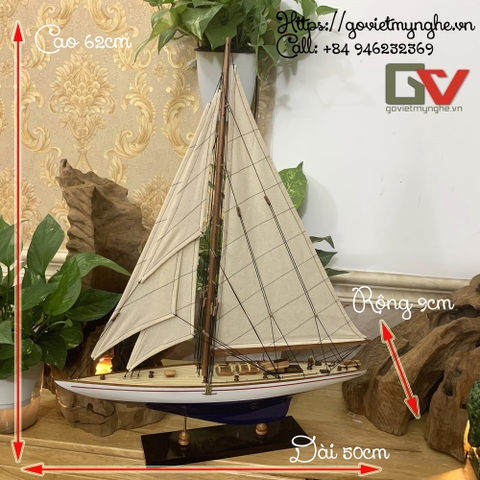 Mô hình thuyền gỗ trang trí du thuyền gỗ Shamrock V - Thân tàu dài 50cm - Sơn màu Trắng/Xanh