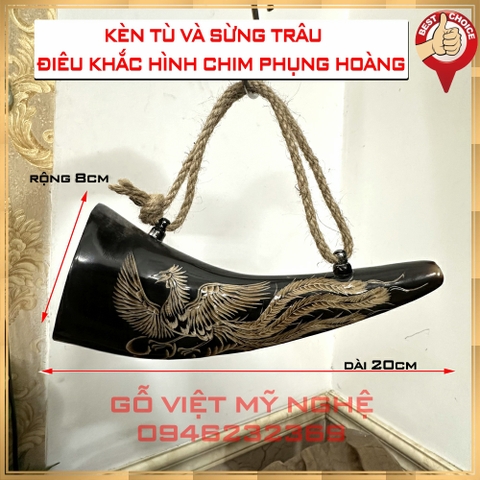 [Sừng trâu tự nhiên] Kèn tù và sừng trâu - Dài 20cm - Khắc chim Phụng Hoàng