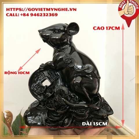 Tượng đá trang trí phong thủy tượng Chuột ôm tài lộc phong thủy cho gia chủ - Chiều cao 17cm - Nâu đen