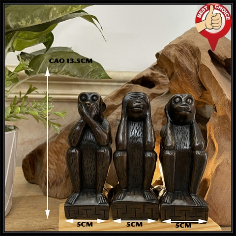 Tượng đá trang trí bộ ba khỉ tam không - Cỡ lớn Cao 13.5cm - Màu nâu đen
