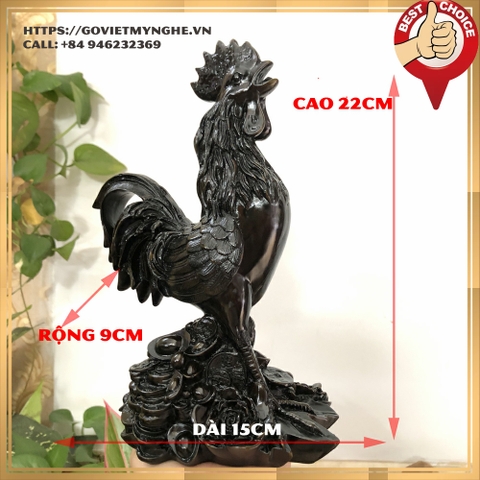 Tượng đá con gà trống trang trí phong thủy nhà cửa - Chiều cao 22cm - Màu nâu đen