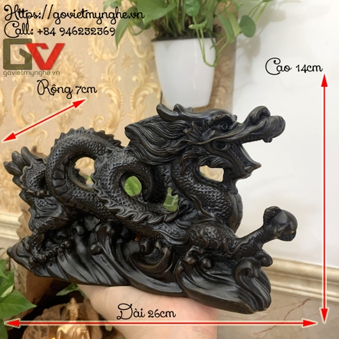 Tượng đá Rồng phong thủy trang trí bàn làm việc mang may mắn cát tường | Dài 26cm - Màu nâu đen