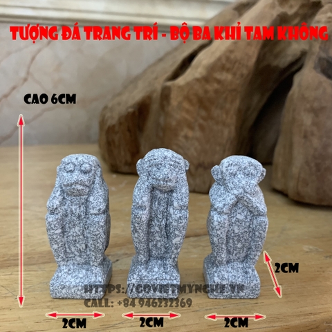 Tượng đá trang trí bộ ba khỉ tam không - cỡ mini cao 6cm - Màu đá xám