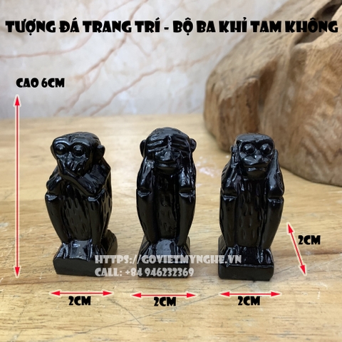 Tượng đá trang trí bộ ba khỉ tam không - cỡ mini cao 6cm - Màu đen