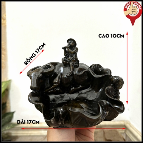 Tượng đá trang trí Mục Đồng Cưỡi Trâu - Gạt tàn thuốc hình Mục Đồng Cưỡi Trâu - 17cm - Nâu đen