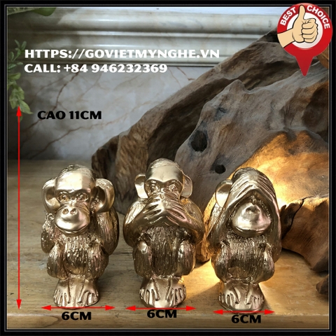 Tượng đá trang trí bộ ba khỉ tam không - cỡ trung cao 11cm - Màu nhũ đồng