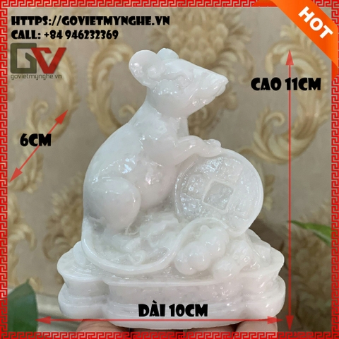 Tượng đá trang trí Chuột phong thủy ôm tài lộc - Chiều cao 11cm - Màu trắng đá non nước