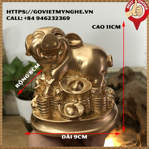 Tượng đá con Heo tượng đá trang trí phong thủy bàn làm việc cho tuổi Hợi - Chiều cao 11cm - Màu nhũ đồng