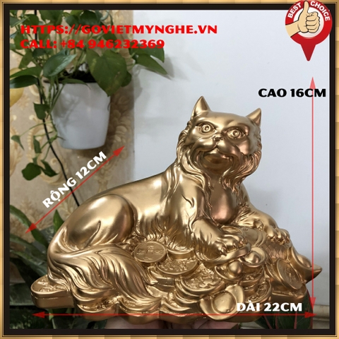 Tượng đá con Mèo cát tường trang trí phong thủy bàn làm việc - Dài 22cm - Màu nhũ đồng