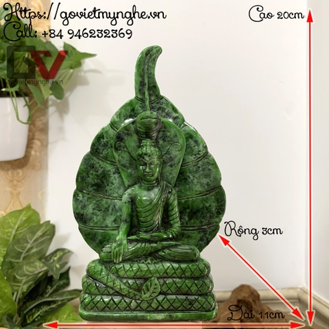 Tượng đá trang trí tượng thần rắn Naga Mucalinda che chở cho Đức Phật Thích Ca - Cao 20cm - Màu xanh lục bích