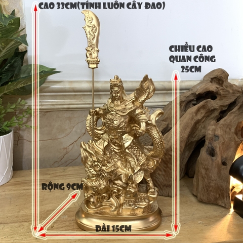 Tượng đá trang trí phong thủy Quan Công cầm đao cưỡi Rồng - Cao 25cm - Màu Nhũ Đồng