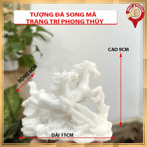 Tượng đá trang trí Ngựa phong thủy - Tượng đá song mã phong thủy để bàn làm việc - Dài 11cm - Màu trắng đá non nước