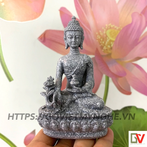 Tượng đá trang trí Phật Dược Sư Lưu Lý Quang ngồi trên đài sen - Chiều cao 12cm - Màu đá xám